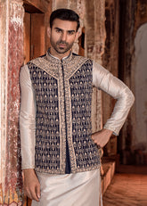 NAVY BLUE & MUTED GOLD ELEGANCE WAIST COAT/KURTA TROUSER
